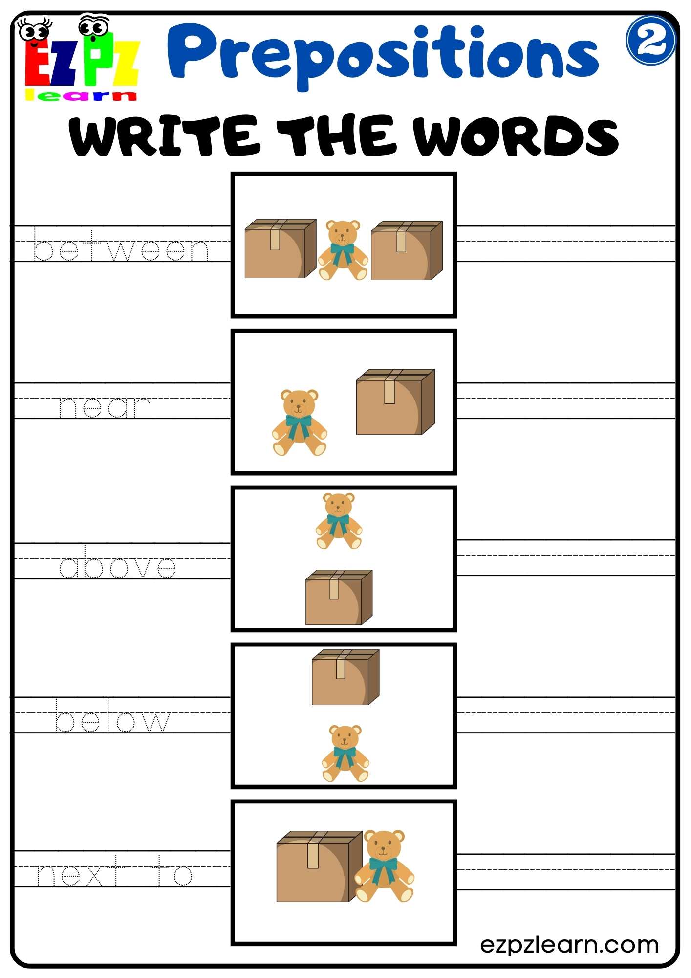 Prepositions of Place Write the Words Worksheet for Kindergarten and ESL Students G2 Free PDF